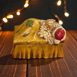 Santa Sleeping in Bed Ceramic Trinket Box with Lid Vintage 1972